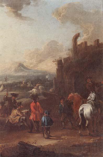 August Querfurt Cavalrymen before a hilltop town Spain oil painting art